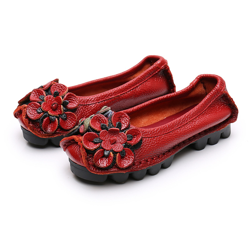 Γυναικεία slip-on παπούτσια με δέρμα πρώτης ποιότητας, λουλουδάτο μοτίβο, σόλα από καουτσούκ, πλατύ άνοιγμα