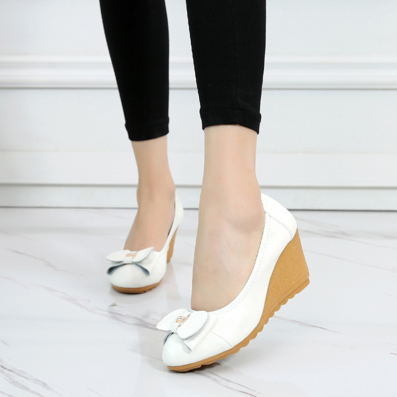 Tim Yimei Γυναικεία Δερμάτινα Slip-On Παπούτσια Με Φιόγκο Από Στρας, Κλινοειδής Φτέρνα 6–8 εκ, Στρογγυλή Μύτη