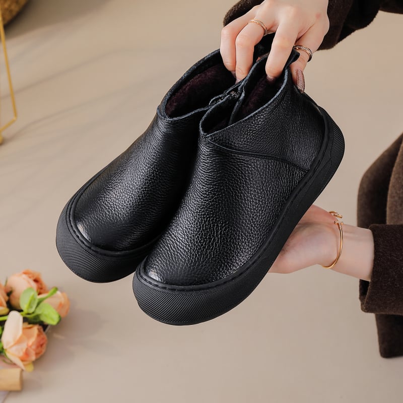 Cizme dama din piele naturală, înălțime peste gleznă, căptușeală pluș artificială, fermoar lateral, talpă din cauciuc, pentru iarnă și toamnă