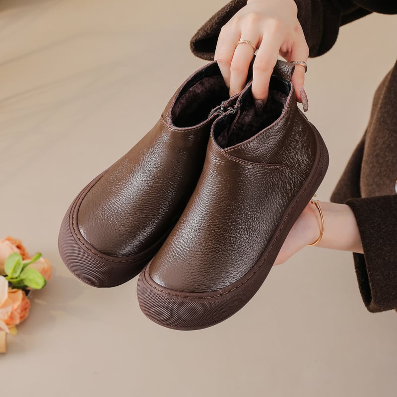 Cizme dama din piele naturală, înălțime peste gleznă, căptușeală pluș artificială, fermoar lateral, talpă din cauciuc, pentru iarnă și toamnă