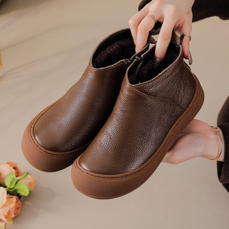 Cizme dama din piele naturală, înălțime peste gleznă, căptușeală pluș artificială, fermoar lateral, talpă din cauciuc, pentru iarnă și toamnă