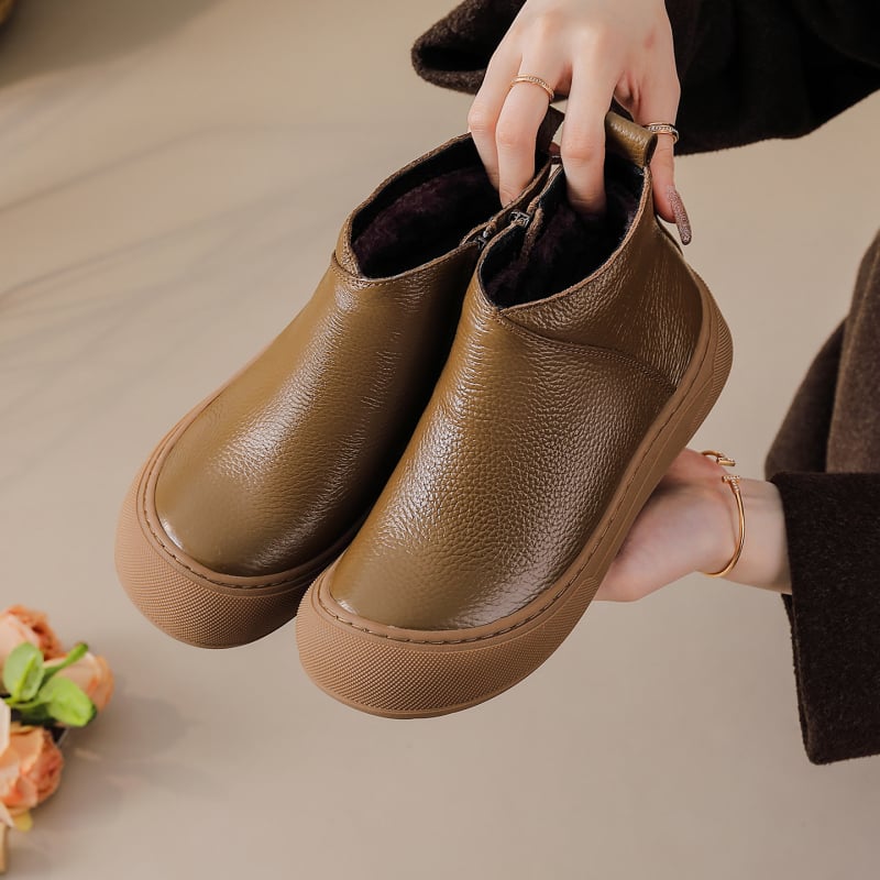 Cizme dama din piele naturală, înălțime peste gleznă, căptușeală pluș artificială, fermoar lateral, talpă din cauciuc, pentru iarnă și toamnă