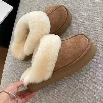 Ghete de iarnă din piele de vită, căptușite cu lână, talpă din cauciuc, talpa de 3–5 cm, stil coreean