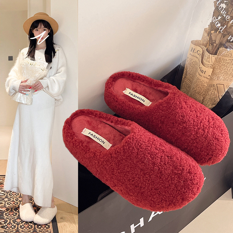 Papuci de casă feminini în stil coreean cu blăniță – partea superioară din velur, vârf rotund, căptușeală din pluș sintetic, mule