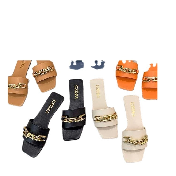 Sandale de vară pentru femei, curea cu lanț metalic pe o singură bandă, stil coreean; partea superioară: PU artificial; talpă: cauciuc; model: monocrom