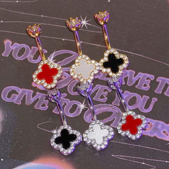 Nabas gredzens ar četrlapu laimi no nerūsējošā tērauda un vara, ar mātes pērļu iekšējā ielikuma un cirkoniem, sieviešu stils, pielāgojams