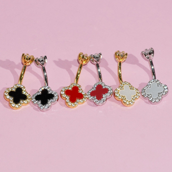 Nabas gredzens ar četrlapu laimi no nerūsējošā tērauda un vara, ar mātes pērļu iekšējā ielikuma un cirkoniem, sieviešu stils, pielāgojams