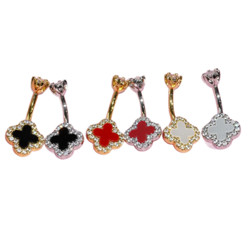 Nabas gredzens ar četrlapu laimi no nerūsējošā tērauda un vara, ar mātes pērļu iekšējā ielikuma un cirkoniem, sieviešu stils, pielāgojams