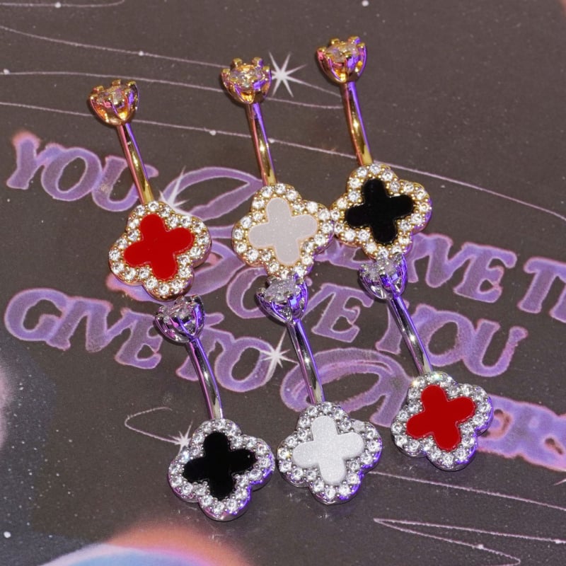 Nabas gredzens ar četrlapu laimi no nerūsējošā tērauda un vara, ar mātes pērļu iekšējā ielikuma un cirkoniem, sieviešu stils, pielāgojams