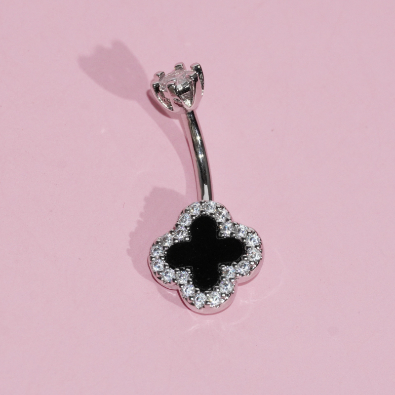 Nabas gredzens ar četrlapu laimi no nerūsējošā tērauda un vara, ar mātes pērļu iekšējā ielikuma un cirkoniem, sieviešu stils, pielāgojams