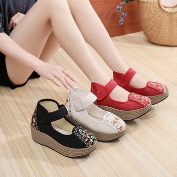 Siuvinėtos audinės basutės etniniam stiliui, klininė platforma, Velcro užsegimas, medvilninis įdėklas