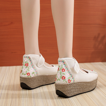 Siuvinėtos audinės basutės etniniam stiliui, klininė platforma, Velcro užsegimas, medvilninis įdėklas