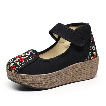 Siuvinėtos audinės basutės etniniam stiliui, klininė platforma, Velcro užsegimas, medvilninis įdėklas