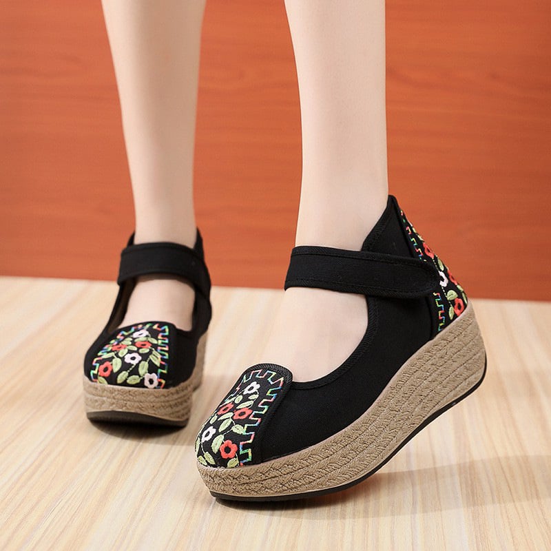 Siuvinėtos audinės basutės etniniam stiliui, klininė platforma, Velcro užsegimas, medvilninis įdėklas