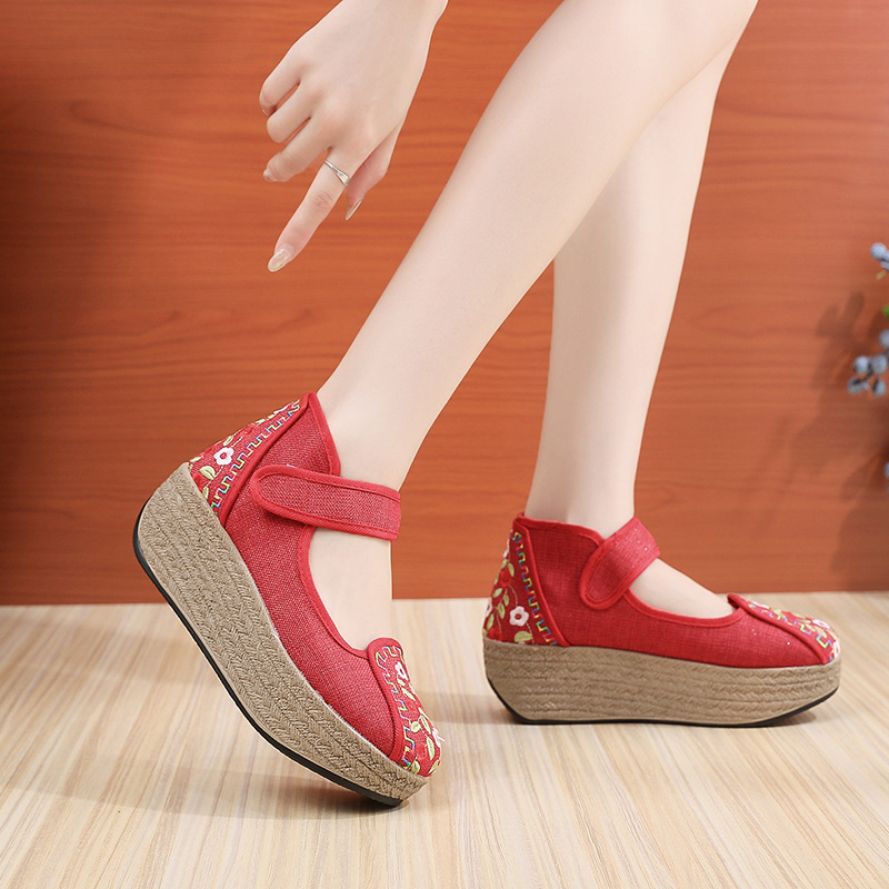 Siuvinėtos audinės basutės etniniam stiliui, klininė platforma, Velcro užsegimas, medvilninis įdėklas