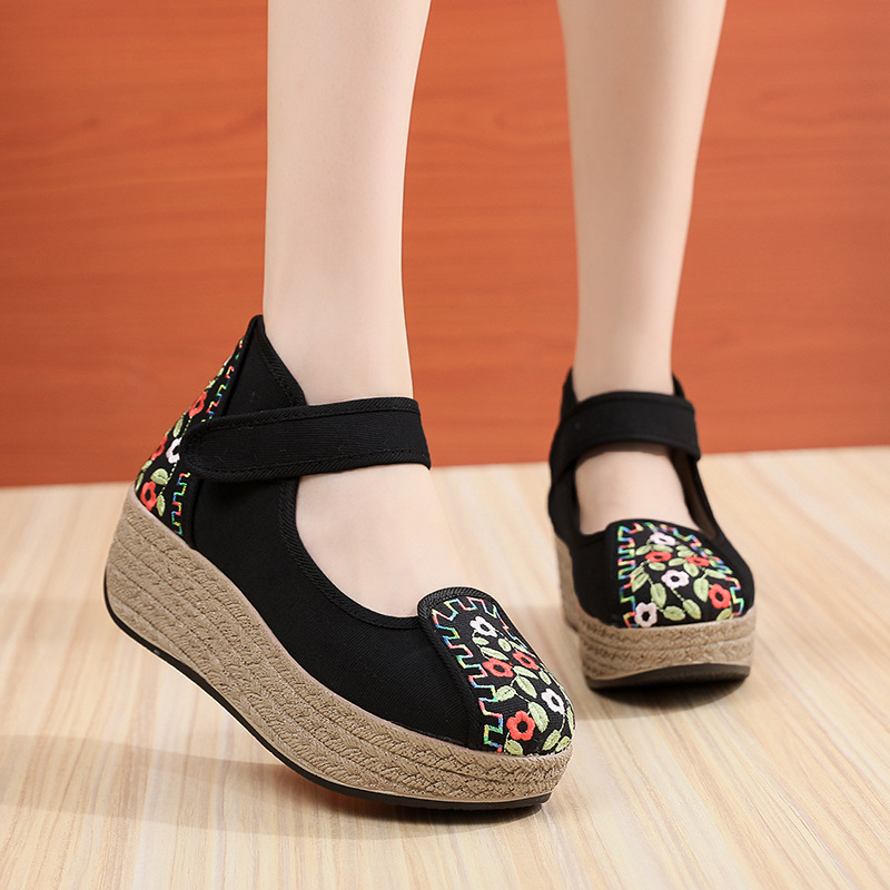 Siuvinėtos audinės basutės etniniam stiliui, klininė platforma, Velcro užsegimas, medvilninis įdėklas