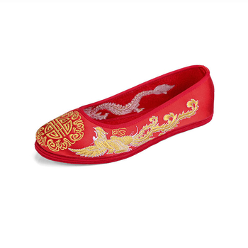 Etniškos satininės vestuvinės bateliai su drakono ir fenikso siuvinėjimu, plokščias kulnas, vestuviniam banketui