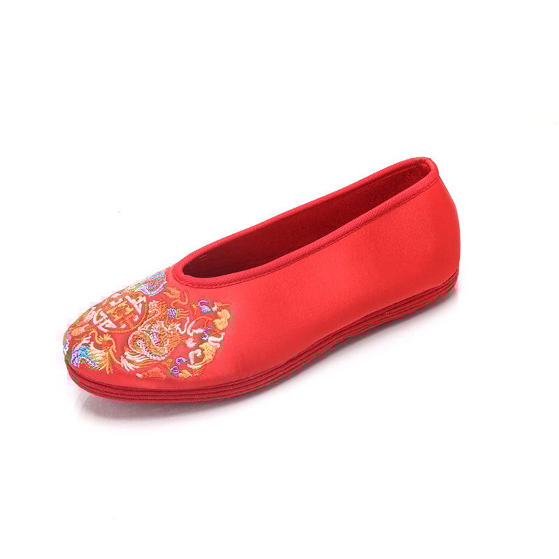 Etniškos satininės vestuvinės bateliai su drakono ir fenikso siuvinėjimu, plokščias kulnas, vestuviniam banketui