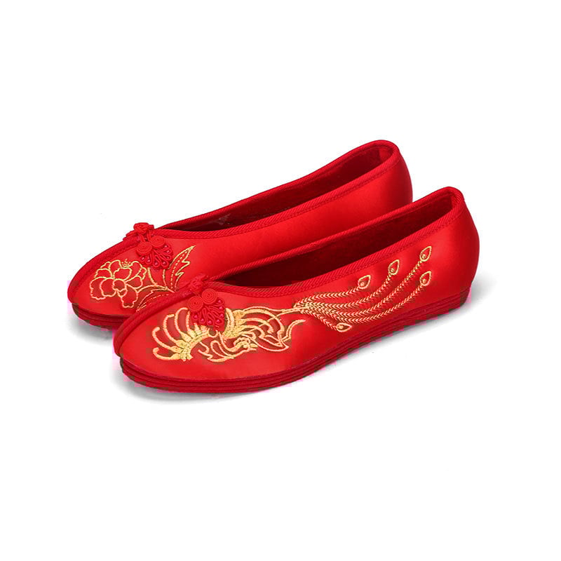 Etniškos satininės vestuvinės bateliai su drakono ir fenikso siuvinėjimu, plokščias kulnas, vestuviniam banketui