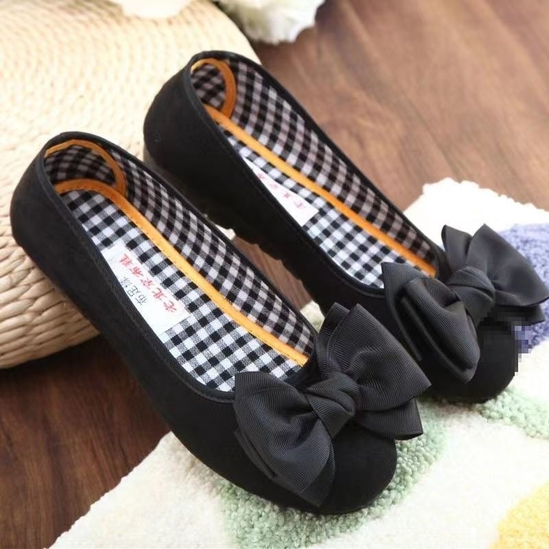 Pantofi damă din material textil cu funda, respirabili și ușori, partea superioară din bumbac, talpă PU, vârf rotund, guler jos, pentru primăvară