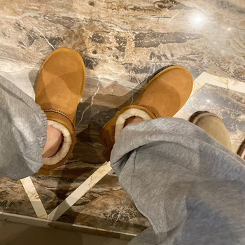 Обувки за сняг от кравешка кожа, подплатени с изкуствен пух, противохлъзгаща подметка, топли, нисък глезен, кръгъл нос, плосък ток, стил Casual, Зима 2024