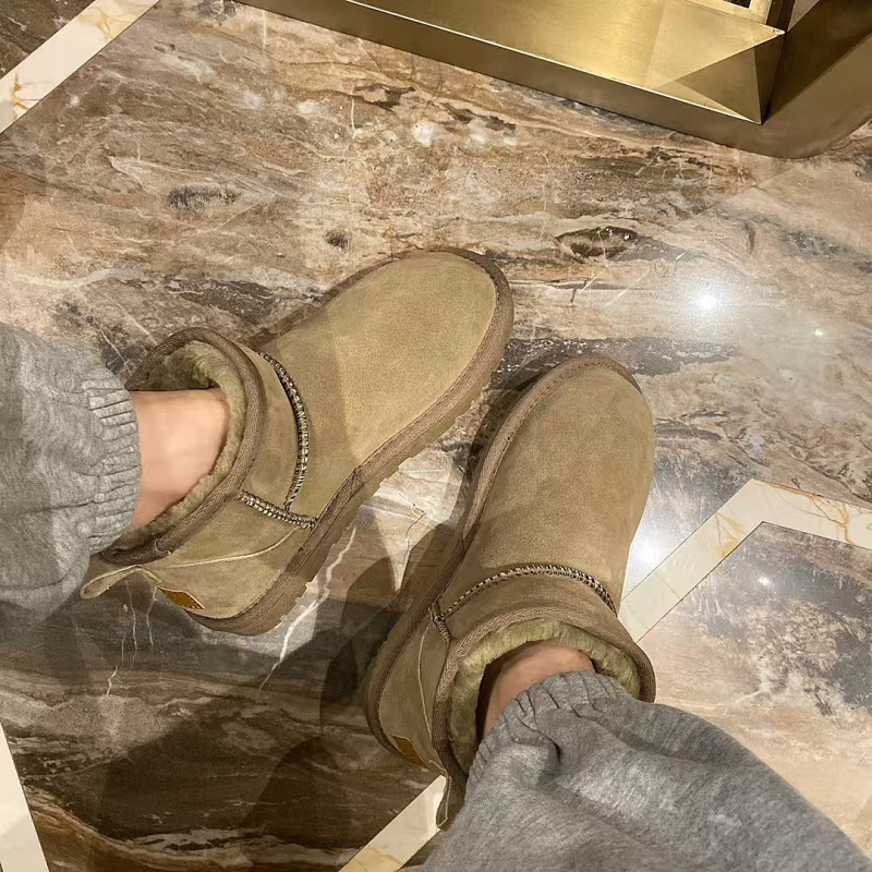 Обувки за сняг от кравешка кожа, подплатени с изкуствен пух, противохлъзгаща подметка, топли, нисък глезен, кръгъл нос, плосък ток, стил Casual, Зима 2024