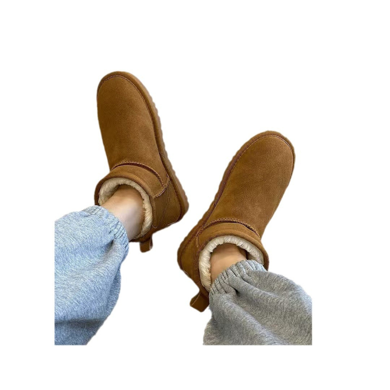 Обувки за сняг от кравешка кожа, подплатени с изкуствен пух, противохлъзгаща подметка, топли, нисък глезен, кръгъл нос, плосък ток, стил Casual, Зима 2024