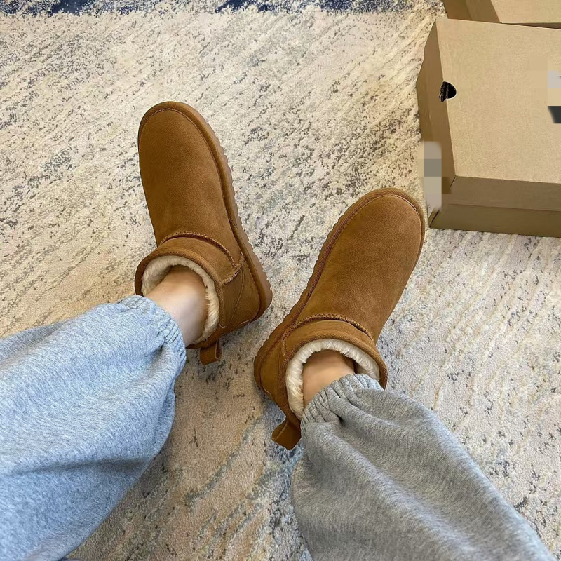 Обувки за сняг от кравешка кожа, подплатени с изкуствен пух, противохлъзгаща подметка, топли, нисък глезен, кръгъл нос, плосък ток, стил Casual, Зима 2024