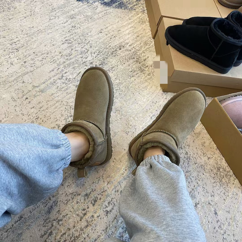 Обувки за сняг от кравешка кожа, подплатени с изкуствен пух, противохлъзгаща подметка, топли, нисък глезен, кръгъл нос, плосък ток, стил Casual, Зима 2024