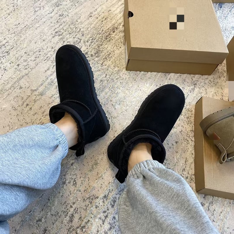 Обувки за сняг от кравешка кожа, подплатени с изкуствен пух, противохлъзгаща подметка, топли, нисък глезен, кръгъл нос, плосък ток, стил Casual, Зима 2024