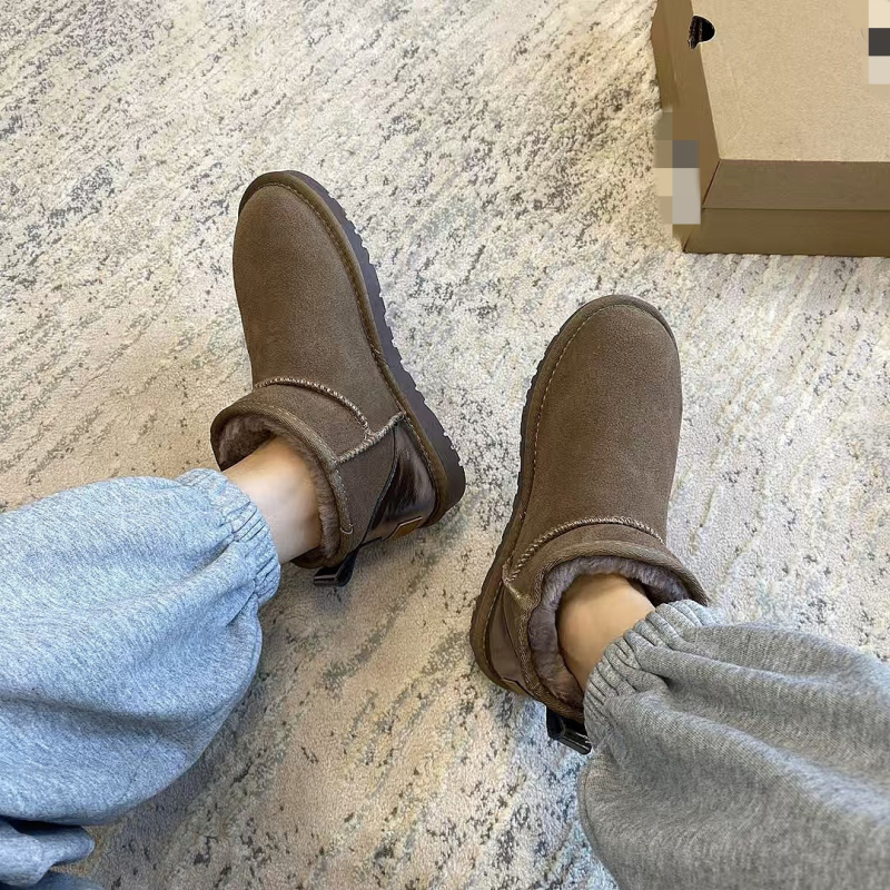 Обувки за сняг от кравешка кожа, подплатени с изкуствен пух, противохлъзгаща подметка, топли, нисък глезен, кръгъл нос, плосък ток, стил Casual, Зима 2024