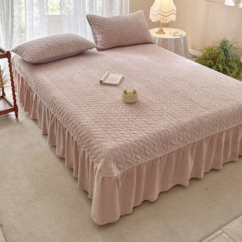 Milk Velvet Quilted Bed Skirt Three-Piece Set with Anti-Slip Backing