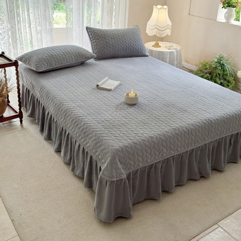 Milk Velvet Quilted Bed Skirt Three-Piece Set with Anti-Slip Backing