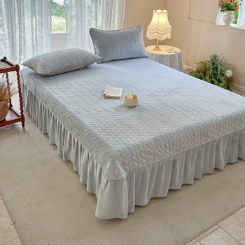 Milk Velvet Quilted Bed Skirt Three-Piece Set with Anti-Slip Backing