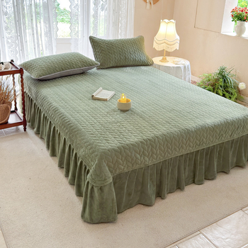 Milk Velvet Quilted Bed Skirt Three-Piece Set with Anti-Slip Backing