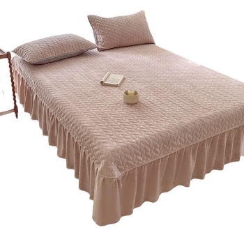 Milk Velvet Quilted Bed Skirt Three-Piece Set with Anti-Slip Backing