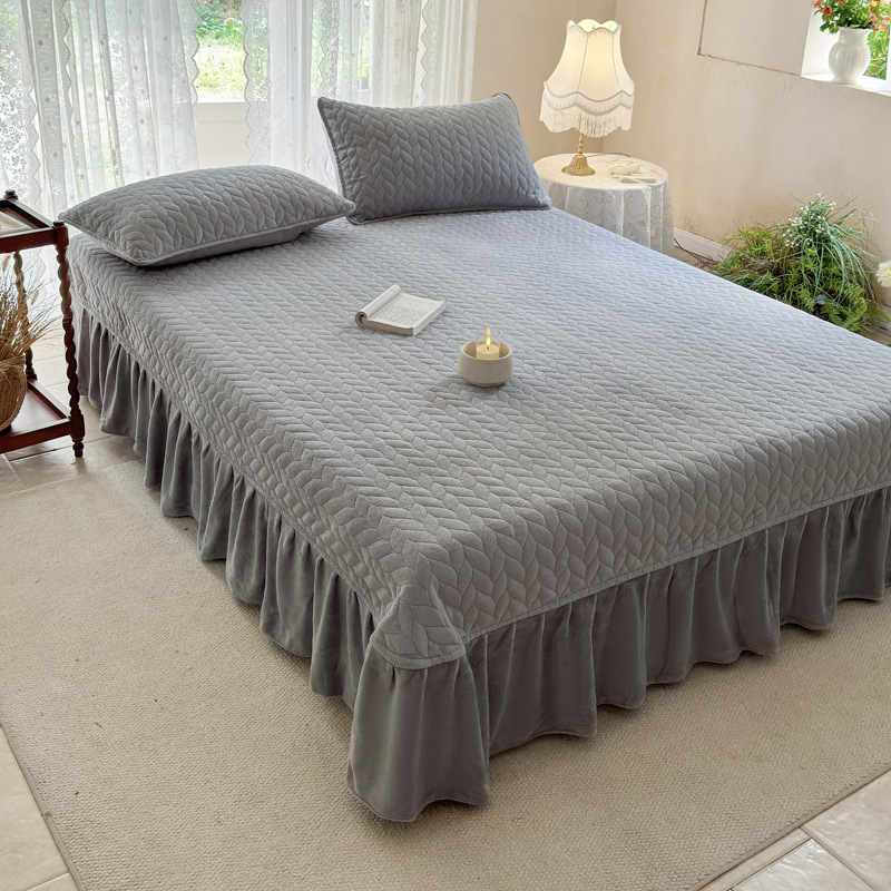 Milk Velvet Quilted Bed Skirt Three-Piece Set with Anti-Slip Backing