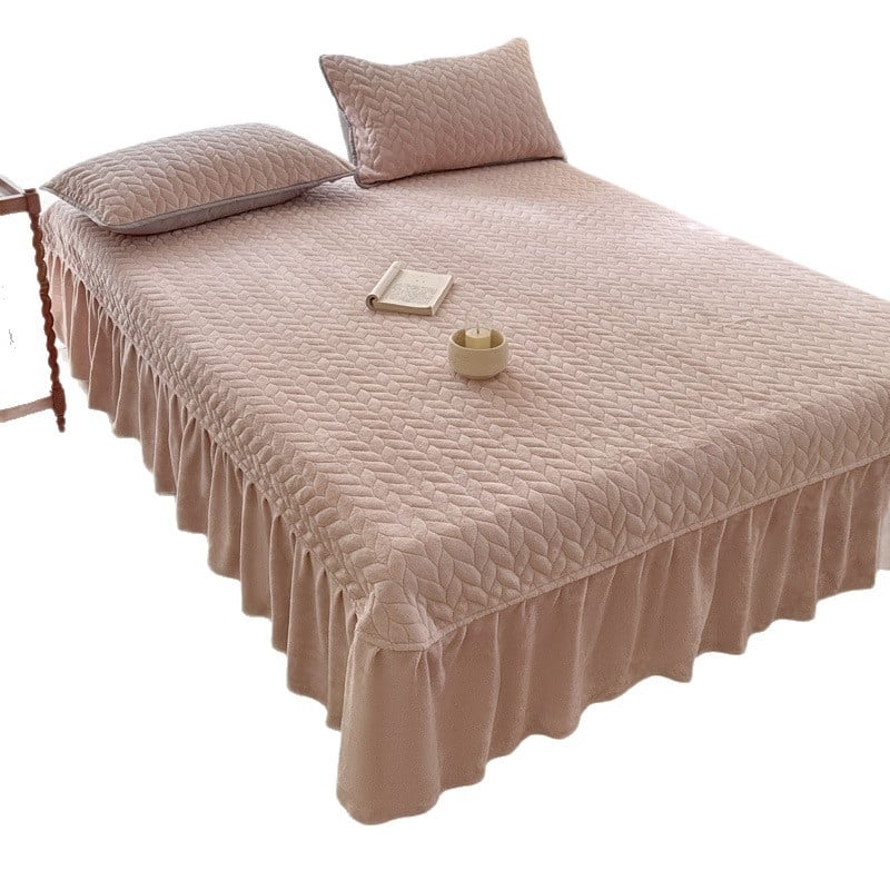Milk Velvet Quilted Bed Skirt Three-Piece Set with Anti-Slip Backing