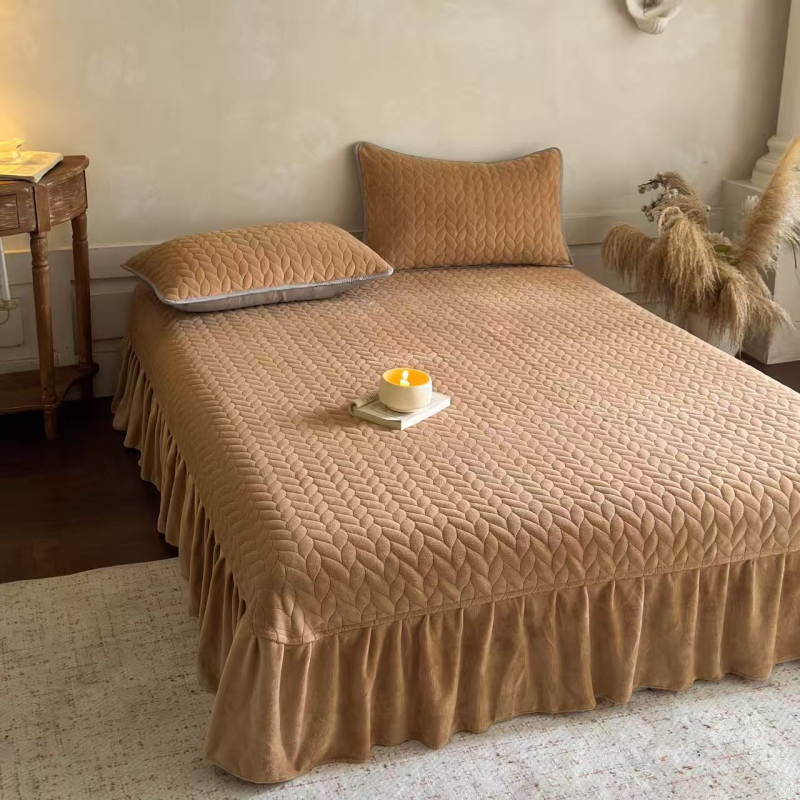 Milk Velvet Quilted Bed Skirt Three-Piece Set with Anti-Slip Backing
