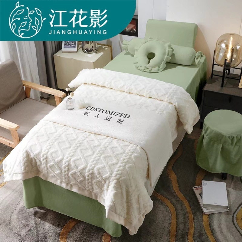 Četverodijelni set navlaka za krevet za kozmetički salon, mliječni velur, čipka, reaktivno tiskanje, prilagodljivo, lagani luksuz