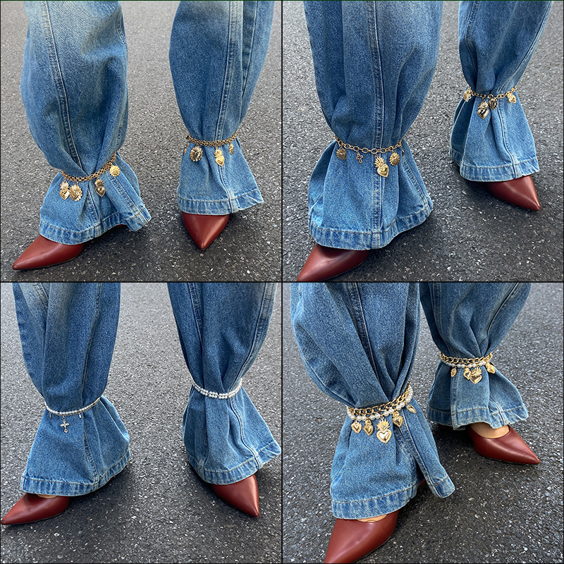 Anklet s privjeskom u obliku srca i križa, perljasti dizajn, imitacijske bisere, legura, lagani luksuzni stil
