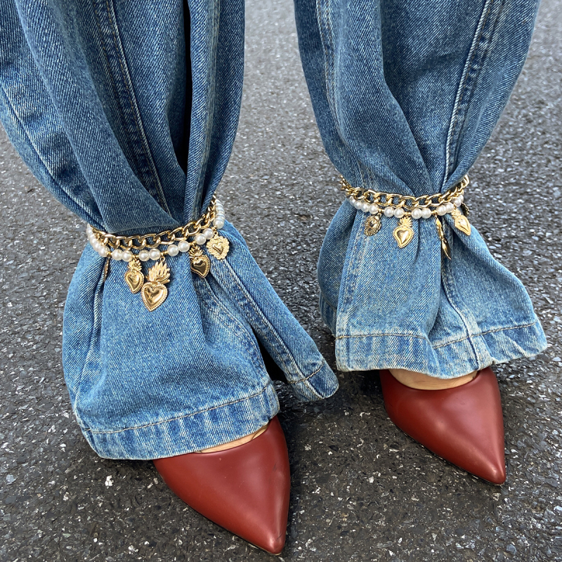 Anklet s privjeskom u obliku srca i križa, perljasti dizajn, imitacijske bisere, legura, lagani luksuzni stil