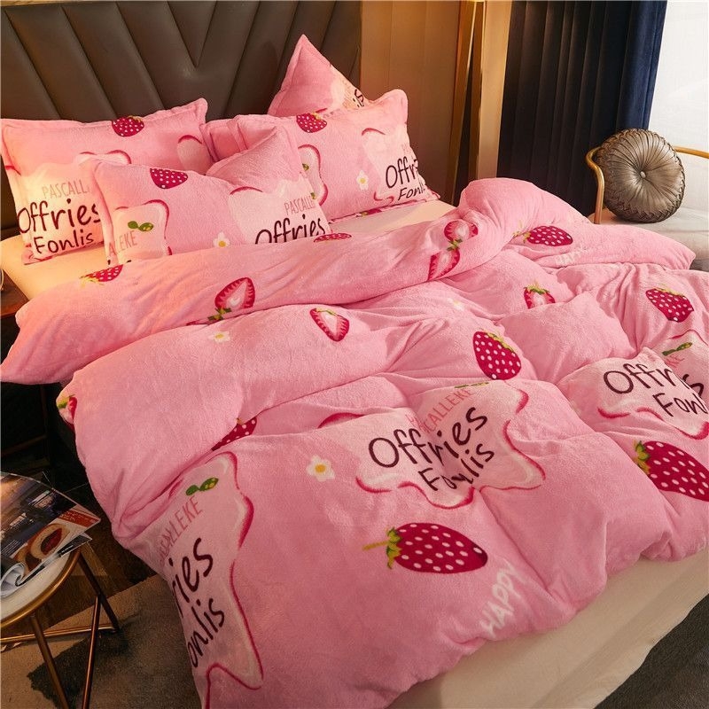 Flanellist voodipesukate fleece'iga voodiga, õmmeldud, armsa loomamustriga, reaktiivne trükk