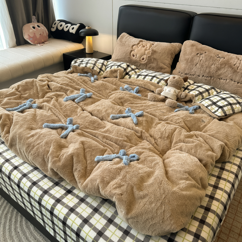 4-dijelni set navlaka za pokrivač od pliša zeca, 3D dizajn mašne, zimsku toplinu