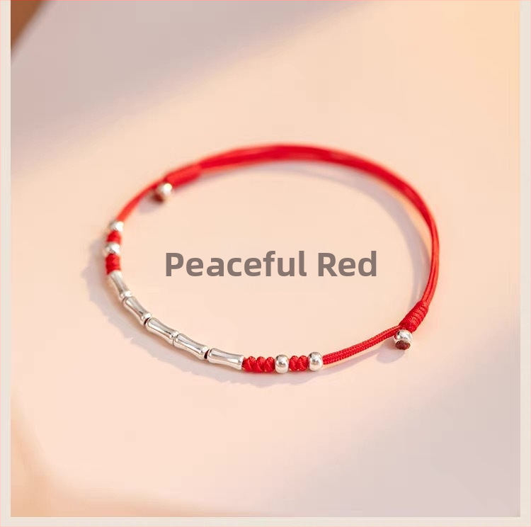 S925 srebrna ženska narukvica i anklet s bambus kuglicama, crveni konac tkanje, podesiva