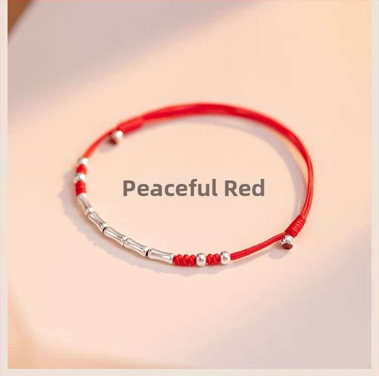 S925 srebrna ženska narukvica i anklet s bambus kuglicama, crveni konac tkanje, podesiva