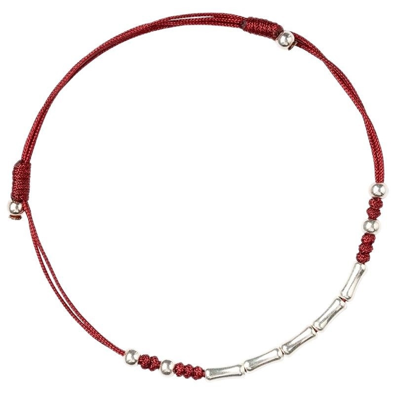 S925 srebrna ženska narukvica i anklet s bambus kuglicama, crveni konac tkanje, podesiva