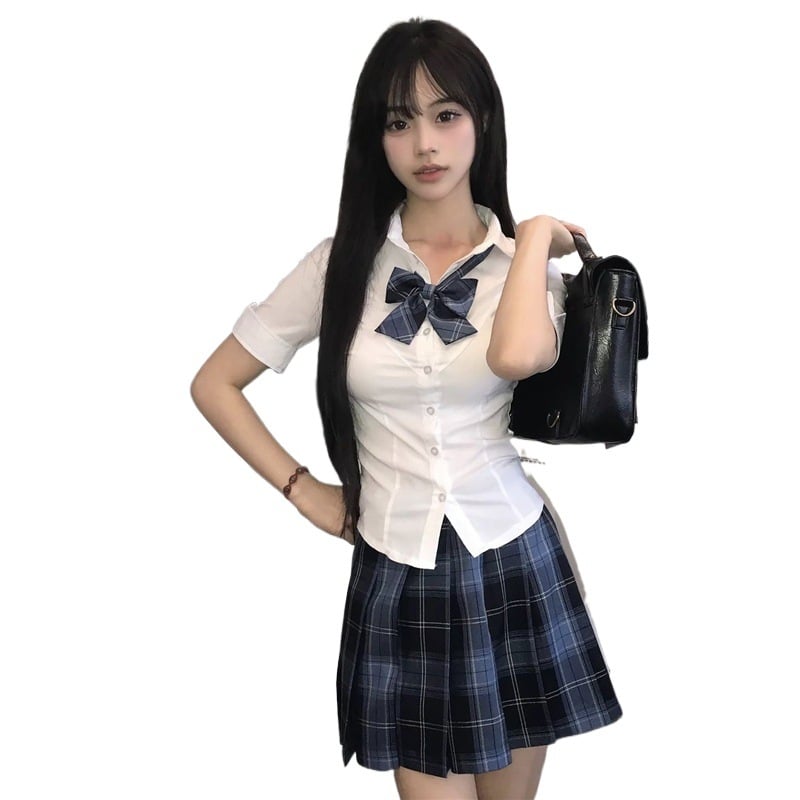 JK Uniform két darabos szett: derekat szorító ing és kockás szoknya, friss és édes egyetemi stílus, poliészter