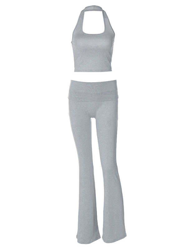 Ženski dvodijelni kostim: bez rukava halter-top i hlače, Milk Silk tkanina, poliester-spandeks smjesa (80–90% poliester, 10–20% spandeks), jednobojni uzorak, jesen 2025