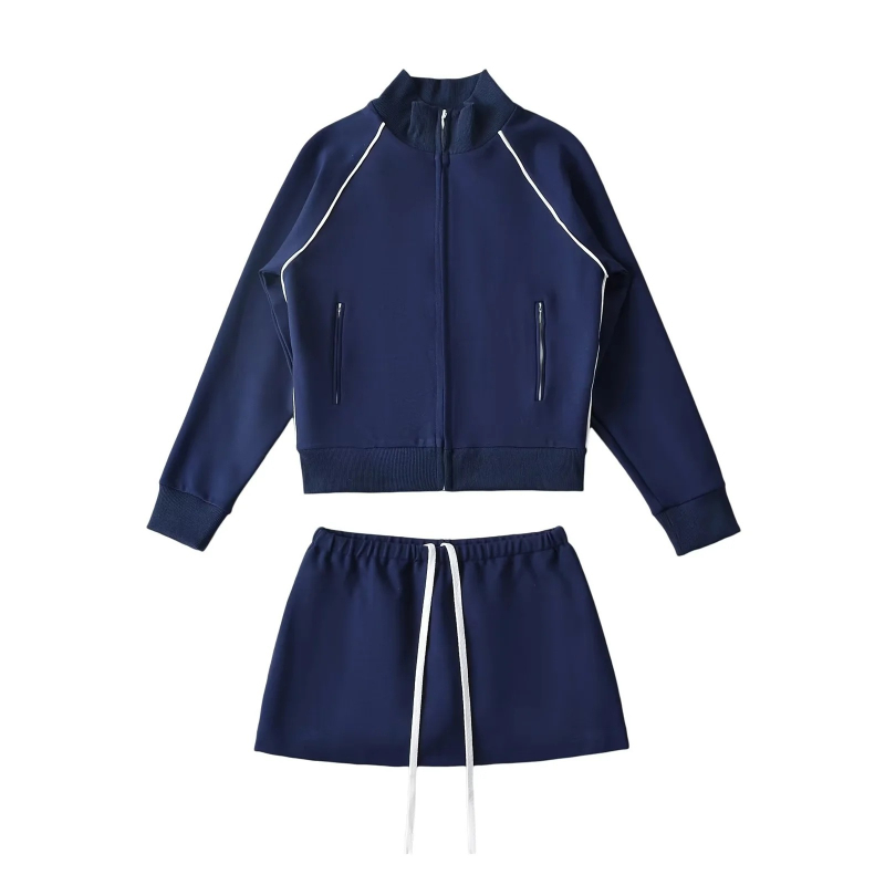 Skup suknje i sakoa s raglan rukavima, stojeći ovratnik; mini suknja; pamuk-poliester smjesa; 90–95% pamuka; kolage šivanje